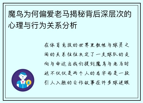 魔鸟为何偏爱老马揭秘背后深层次的心理与行为关系分析