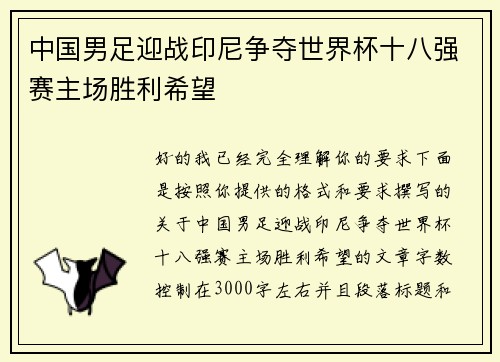中国男足迎战印尼争夺世界杯十八强赛主场胜利希望