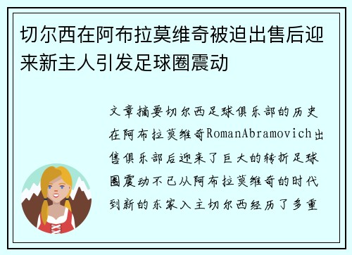 切尔西在阿布拉莫维奇被迫出售后迎来新主人引发足球圈震动 切尔西在阿布拉莫维奇被迫出售后迎来新主人引发足球圈震动